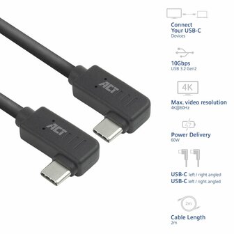 ACT AC7488 | USB 3.2 Gen 2 Kabel | USB-C (haaks links/rechts) naar USB-C (haaks links/rechts) | 60W | 10Gbps | 2m | Zwart