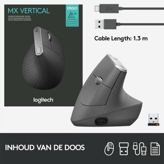 Logitech MX Vertical | Draadloze Ergonomische Muis | Rechtshandig | RF + Bluetooth + USB-C | 4000 DPI suggestie | Grafiet | RETURNED