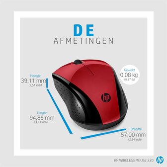 HP 220 | Draadloze Muis | Links- en Rechtshandig | RF | 1600 DPI | Rood