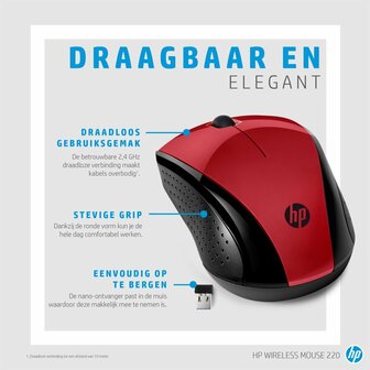 HP 220 | Draadloze Muis | Links- en Rechtshandig | RF | 1600 DPI | Rood