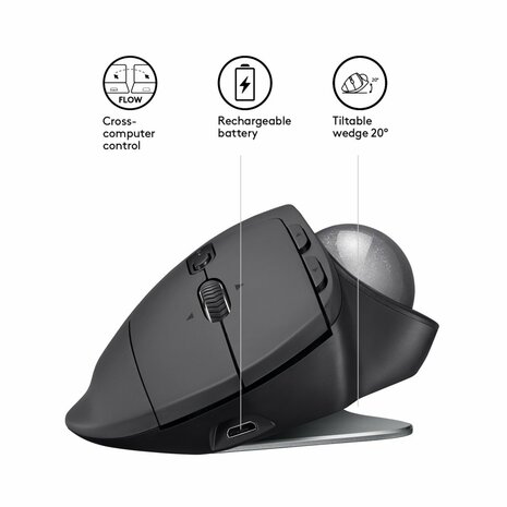 Logitech MX Ergo | Ergonomische Draadloze Muis met Trackball | RF-Draadloos + Bluetooth | 20480 DPI | Zwart