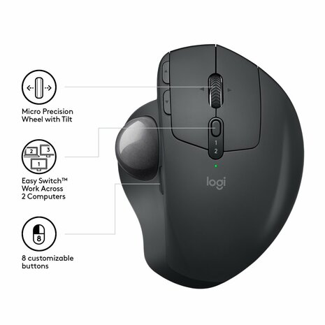 Logitech MX Ergo | Ergonomische Draadloze Muis met Trackball | RF-Draadloos + Bluetooth | 20480 DPI | Zwart