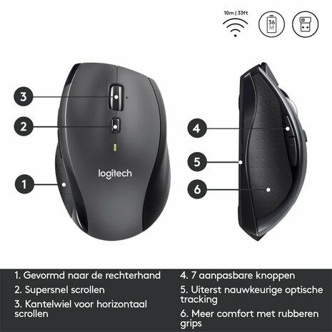 Logitech Marathon M705 | Ambidextrous Draadloze Muis | RF-Draadloos | 1000 DPI | Zwart