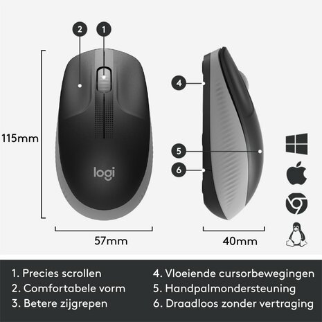 Logitech M190 | Ambidextrous Draadloze Muis | RF-Draadloos | 1000 DPI | Grijs