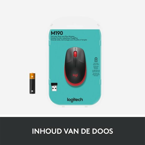 Logitech M190 | Ambidextrous Draadloze Muis | RF-Draadloos | 1000 DPI | Zwart/Rood