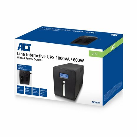 ACT Line-Interactive UPS AC2310 | 1000 VA Vermogen | 4 Uitgangen | Spanningstabilisatie met AVR | Beveiliging bij Netstoringen