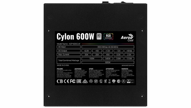Aerocool PSU Cylon 600W 80 PLUS Soft, black, flat cables/ RGB