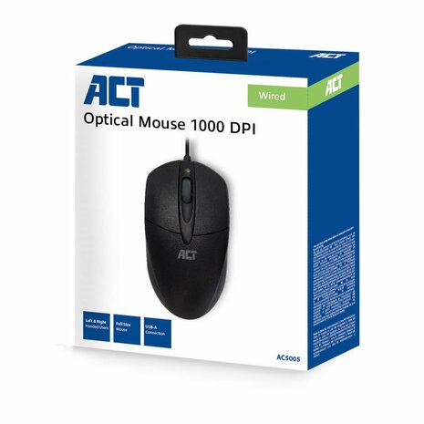 ACT AC5005 | Ambidextrous Bedrade Muis | USB-A | 1000 DPI | Zwart