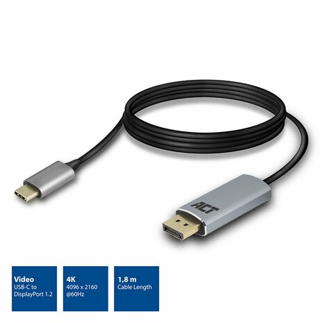 ACT AC7035 USB-C naar DisplayPort kabel 1,8 meter