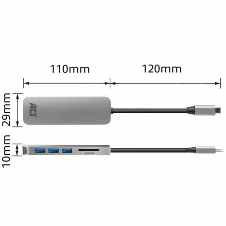 ACT AC7050 | 3-Poorts USB-C Hub | Kaartlezer | Zilver