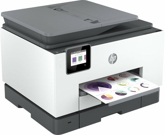 HP OfficeJet Pro 9022e All-in-One-printer, Printen, kopiëren, scannen, faxen, Automatische invoer voor 35 vellen; Printen via USB-poort aan voorzijde; Scannen naar e-mail; Dubbelzijdig printen