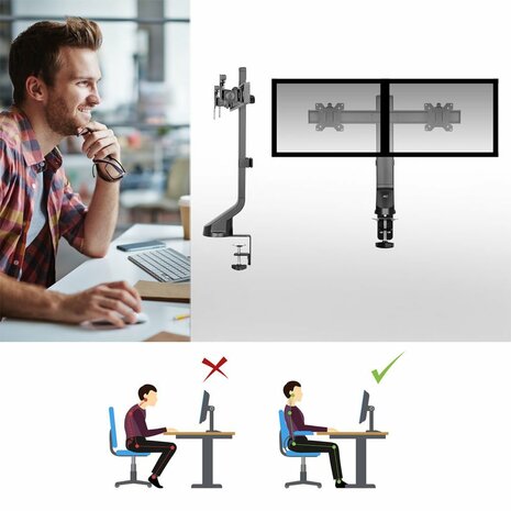 ACT AC8332 | In Hoogte Verstelbare Monitor-bureaubeugel | Tot 27" | Max 7kg | VESA 100x100 | 2 Monitoren