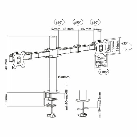 ACT AC8326 | Verstelbare Monitor-bureaubeugel | Tot 32" | Max 12kg | VESA 100x100 | 2 Monitoren