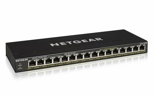 NETGEAR GS316PP Unmanaged Gigabit Ethernet (10/100/1000) Power over Ethernet (PoE) Zwart