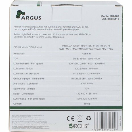Inter-Tech Argus SU-260 | 150W TDP | 150mm Hoogte | 120mm Fan | CPU Luchtkoeler
