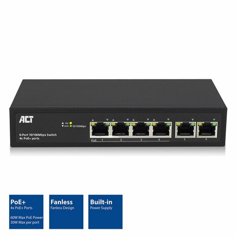 ACT AC4430 6-Poorts 10/100Mbps Switch | 4x PoE+ poorten