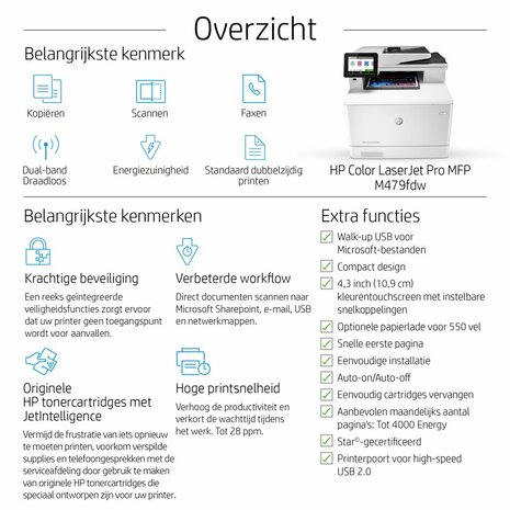 HP Color LaserJet Pro MFP M479fdw, Printen, kopiëren, scannen, fax, e-mail, Scannen naar e-mail/pdf; Dubbelzijdig printen; ADF voor 50 vel ongekruld