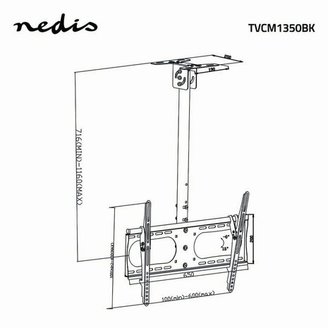 Nedis TVCM1350BK | Draai- en kantelbare TV-plafondbeugel | 42''-65'' | max 45kg | VESA 600x400