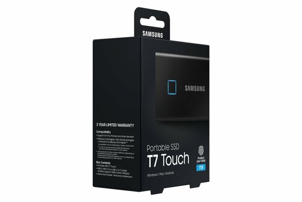 Samsung MU-PC1T0K, T7 Touch, 1000 GB, USB Type-C, 3.2 Gen 2 (3.1 Gen 2), 1050 MB/s, Wachtwoordbeveiliging, Zwart