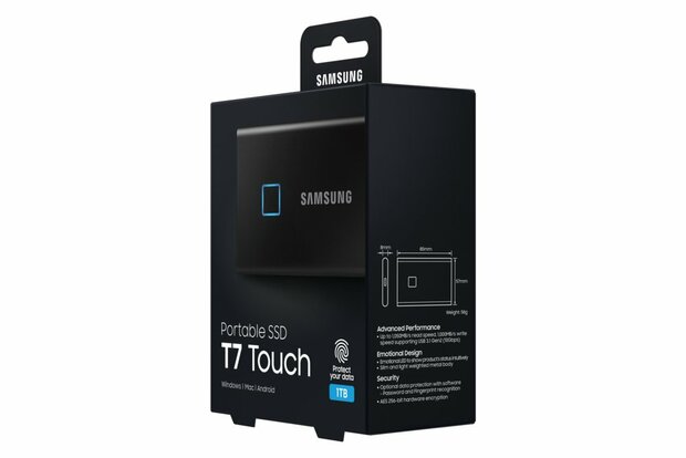 Samsung MU-PC1T0K, T7 Touch, 1000 GB, USB Type-C, 3.2 Gen 2 (3.1 Gen 2), 1050 MB/s, Wachtwoordbeveiliging, Zwart
