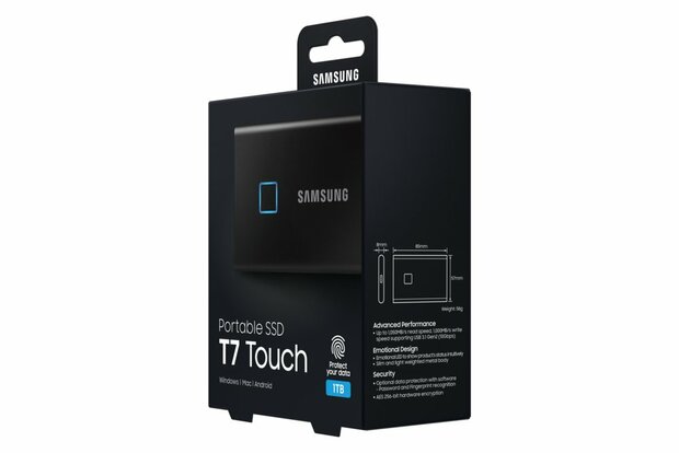 Samsung MU-PC1T0K, T7 Touch, 1000 GB, USB Type-C, 3.2 Gen 2 (3.1 Gen 2), 1050 MB/s, Wachtwoordbeveiliging, Zwart