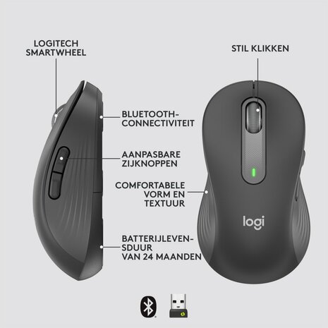 Logitech Signature M650 | Linkshandige Draadloze Muis | RF-Draadloos + Bluetooth | 2000 DPI | Grafiet