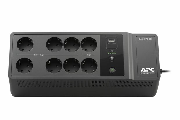 APC Back-UPS BE650G2-GR | 650 VA / 400 W | 8x Schuko Stopcontacten | 1x USB-A Oplaadpoort | LED-statusindicator | Vervangbare Batterij | Compacte Tower UPS