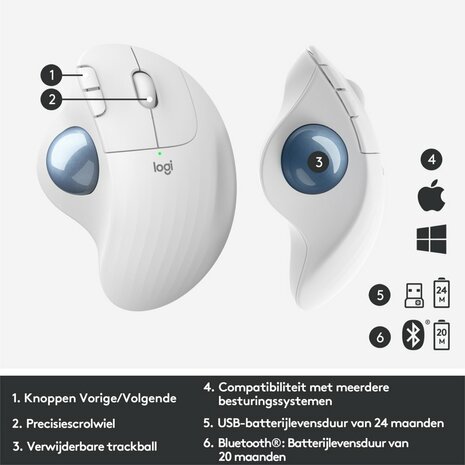 Logitech M575 Ergo Trackball | Ergonomische Draadloze Muis | RF-Draadloos + Bluetooth | 2000 DPI | Wit