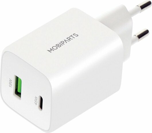 Mobiparts GaN Wall Charger | USB-C & USB-A 3.0 QC 45W | Wit