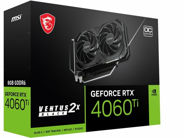 MSI GeForce RTX 4060 Ti VENTUS 2X BLACK OC | 8GB GDDR6 VRAM | Videokaart | GPU | Nvidia