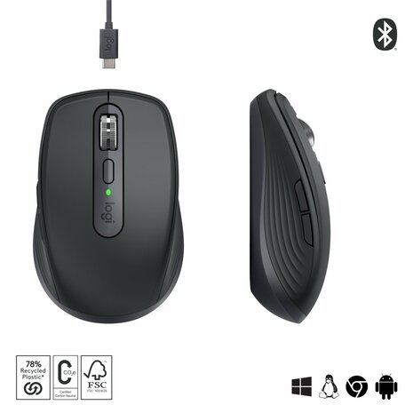 Logitech MX Anywhere 3S | Ambidextrous Draadloze Muis | RF-Draadloos + Bluetooth | 8000 DPI | Grafiet
