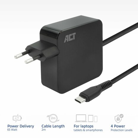 ACT AC2010 | Universele USB-C Notebook Lader | 65 Watt PDP | 2 Meter