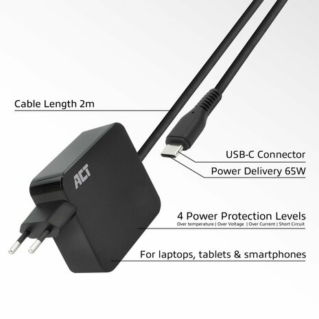 ACT AC2010 | Universele USB-C Notebook Lader | 65 Watt PDP | 2 Meter