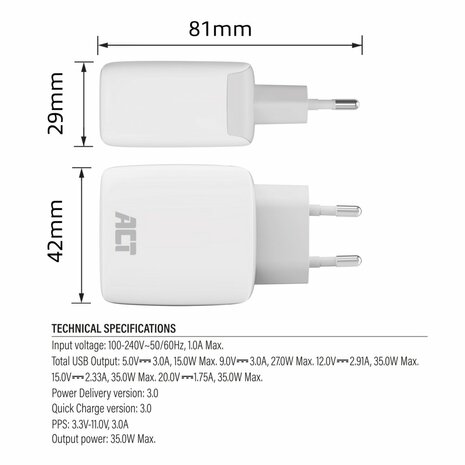 ACT AC2135 | USB-C Lader 35W | Power Delivery PPS & GaNFast