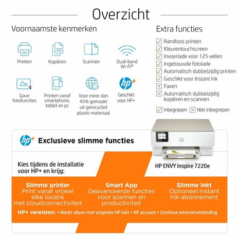 HP Inspire 7220e AiO Inkjetprinter | 4800 x 1200 DPI | Wifi | Kleur