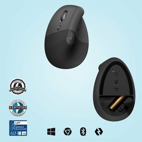 Logitech Lift muis | Linkshandige Ergonomische Draadloze Muis | RF-Draadloos + Bluetooth | 4000 DPI | Grafiet