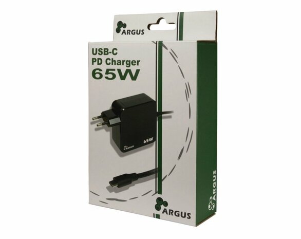 Inter-Tech Argus PD-2065 | Universele USB-C Oplader 65W | Zwart | Met Geïntegreerde Kabel
