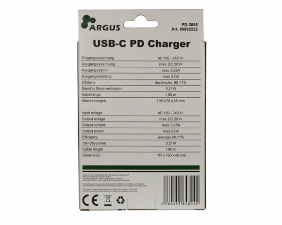 Inter-Tech Argus PD-2065 | Universele USB-C Oplader 65W | Zwart | Met Geïntegreerde Kabel