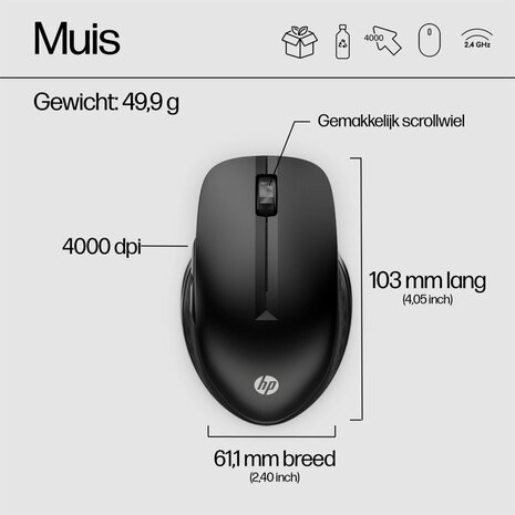 HP 430 | Multi-Device Ambidextrous Draadloze Muis | RF-Draadloos + Bluetooth | 1200 DPI | Zwart
