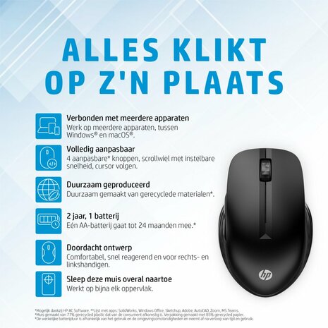 HP 430 | Multi-Device Ambidextrous Draadloze Muis | RF-Draadloos + Bluetooth | 1200 DPI | Zwart