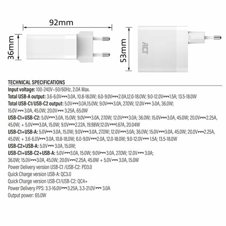 ACT AC2170 USB-C/USB-A Lader | 3-Poorts met PPS, QuickCharge & GaNFast | 65W
