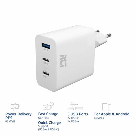 ACT AC2170 USB-C/USB-A Lader | 3-Poorts met PPS, QuickCharge & GaNFast | 65W