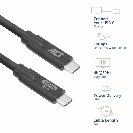 ACT AC7443 | USB 3.2 Kabel | 10Gbps | 60W | USB-C naar USB-C | 3m | Zwart