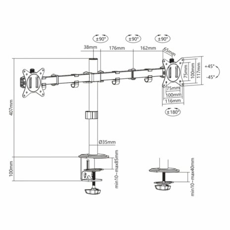SBOX LCD-352/2-2 | Verstelbare Monitor-bureaubeugel | Tot 32" | Max 9kg | VESA 100x100 | 2 Monitoren