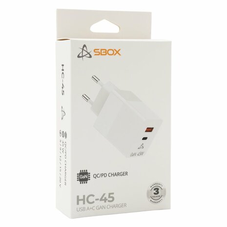 SBOX USB Oplader HC-45 | 45W | USB-A & USB-C (2 Poorten) | Wit