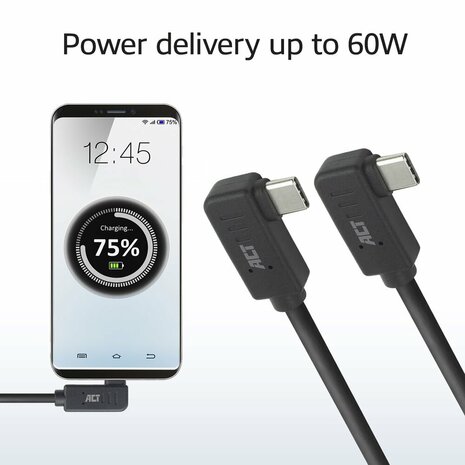 ACT AC7488 | USB 3.2 Gen 2 Kabel | USB-C (haaks links/rechts) naar USB-C (haaks links/rechts) | 60W | 10Gbps | 2m | Zwart