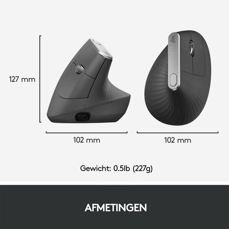 Logitech MX Vertical | Draadloze Ergonomische Muis | Rechtshandig | RF + Bluetooth + USB-C | 4000 DPI suggestie | Grafiet | RETURNED