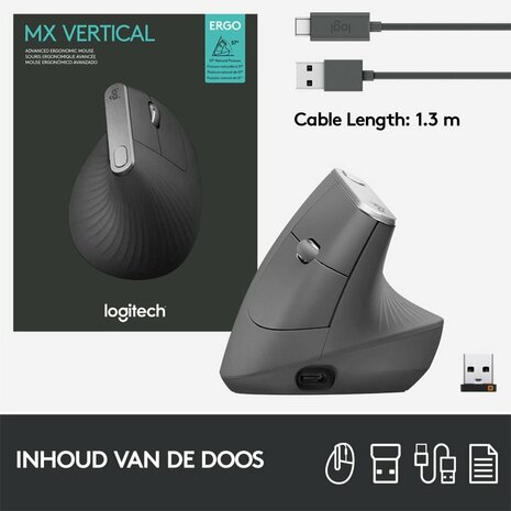 Logitech MX Vertical | Draadloze Ergonomische Muis | Rechtshandig | RF + Bluetooth + USB-C | 4000 DPI suggestie | Grafiet | RETURNED