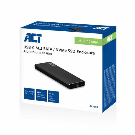 ACT AC1605 | M.2 SATA en NVMe SSD behuizing | USB C | USB 3.2 Gen2 | Tot 10 Gbit/s | Zwart