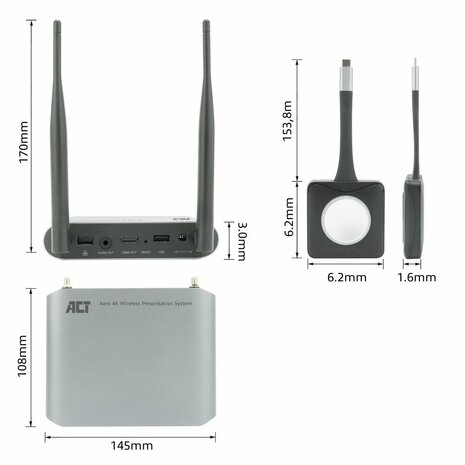 ACT Aero 4K Draadloos Presentatiesysteem (AC7960) | 4K (3840x2160) | USB-C | HDMI | Plug and Play | Multi User | Split Screen